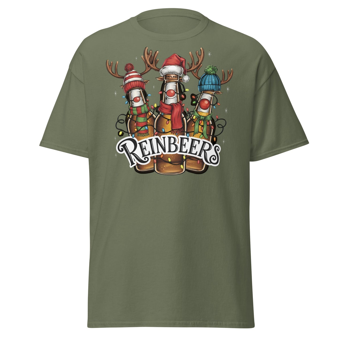 Reinbeers T-Shirt | Funny Christmas Beer Reindeer Pun Tee - Military Green - T-Shirts Online