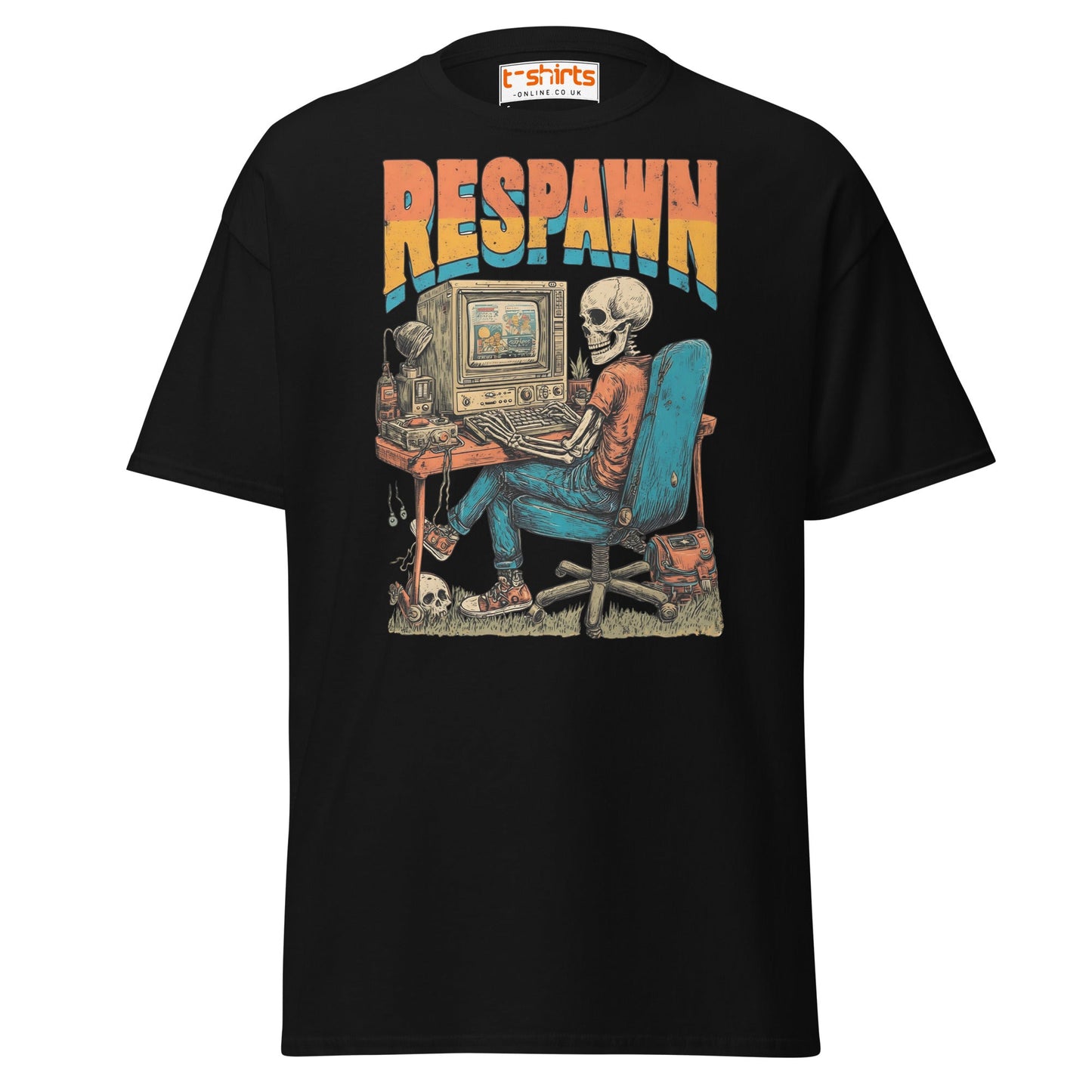 Respawn T-Shirt | Funny Skeleton Gamer Retro Tee - Black - T-Shirts Online