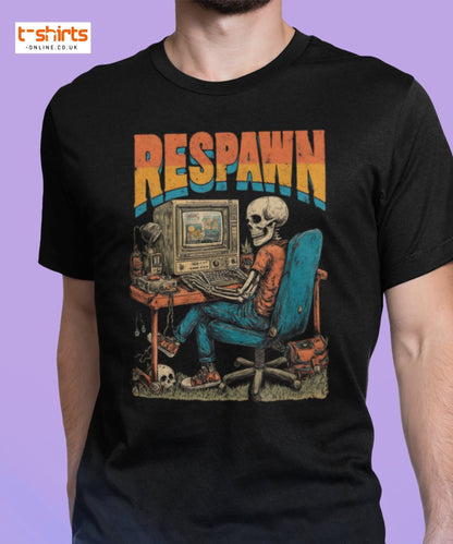 Respawn T-Shirt | Funny Skeleton Gamer Retro Tee - Black - T-Shirts Online