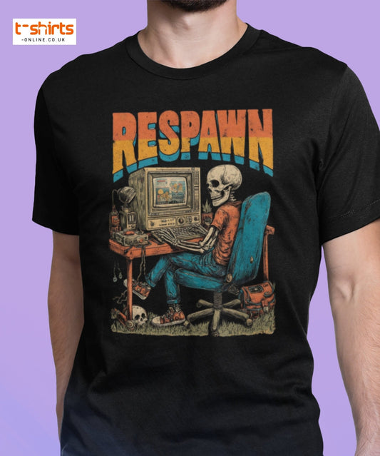 Respawn T-Shirt | Funny Skeleton Gamer Retro Tee - Black - T-Shirts Online