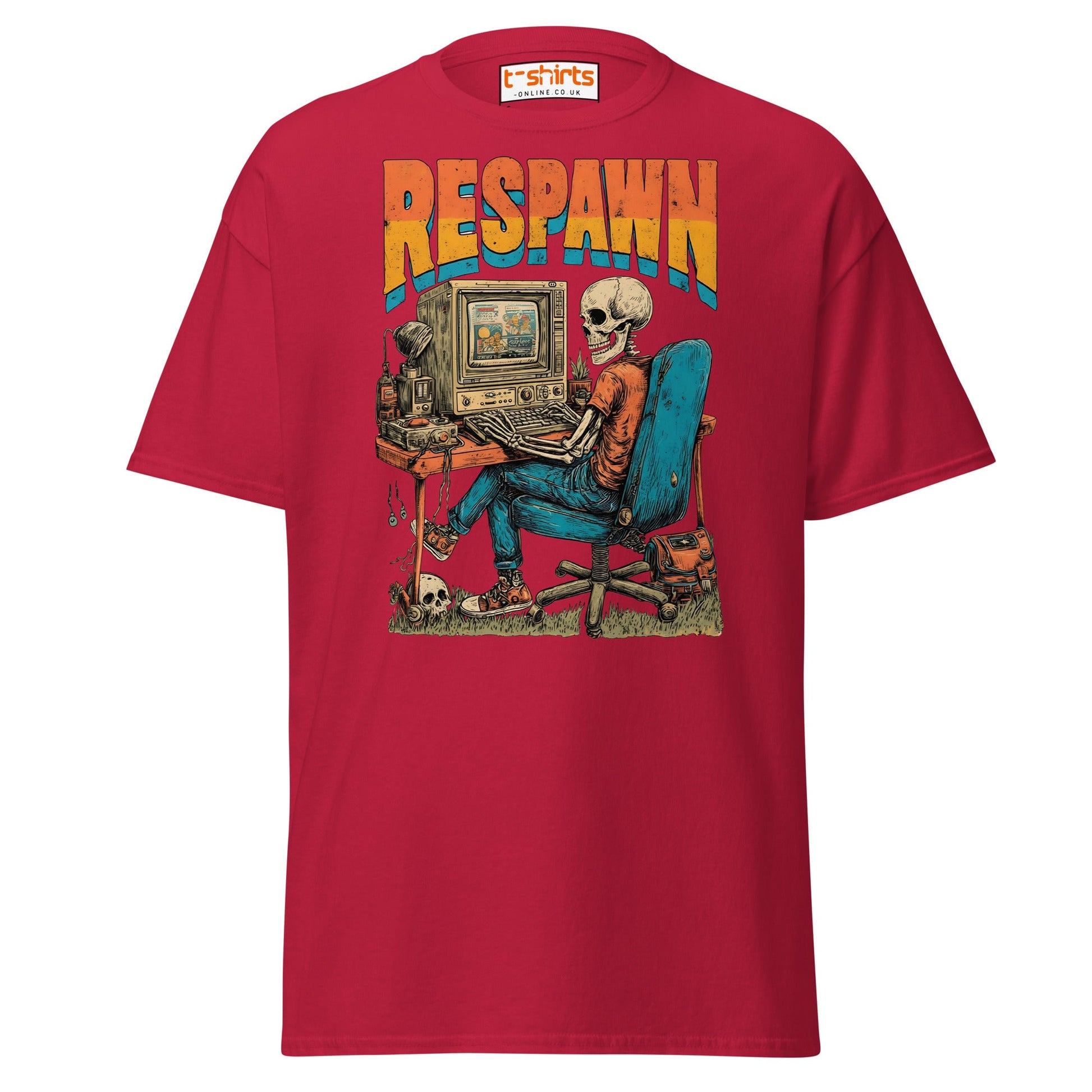Respawn T-Shirt | Funny Skeleton Gamer Retro Tee - Cardinal - T-Shirts Online