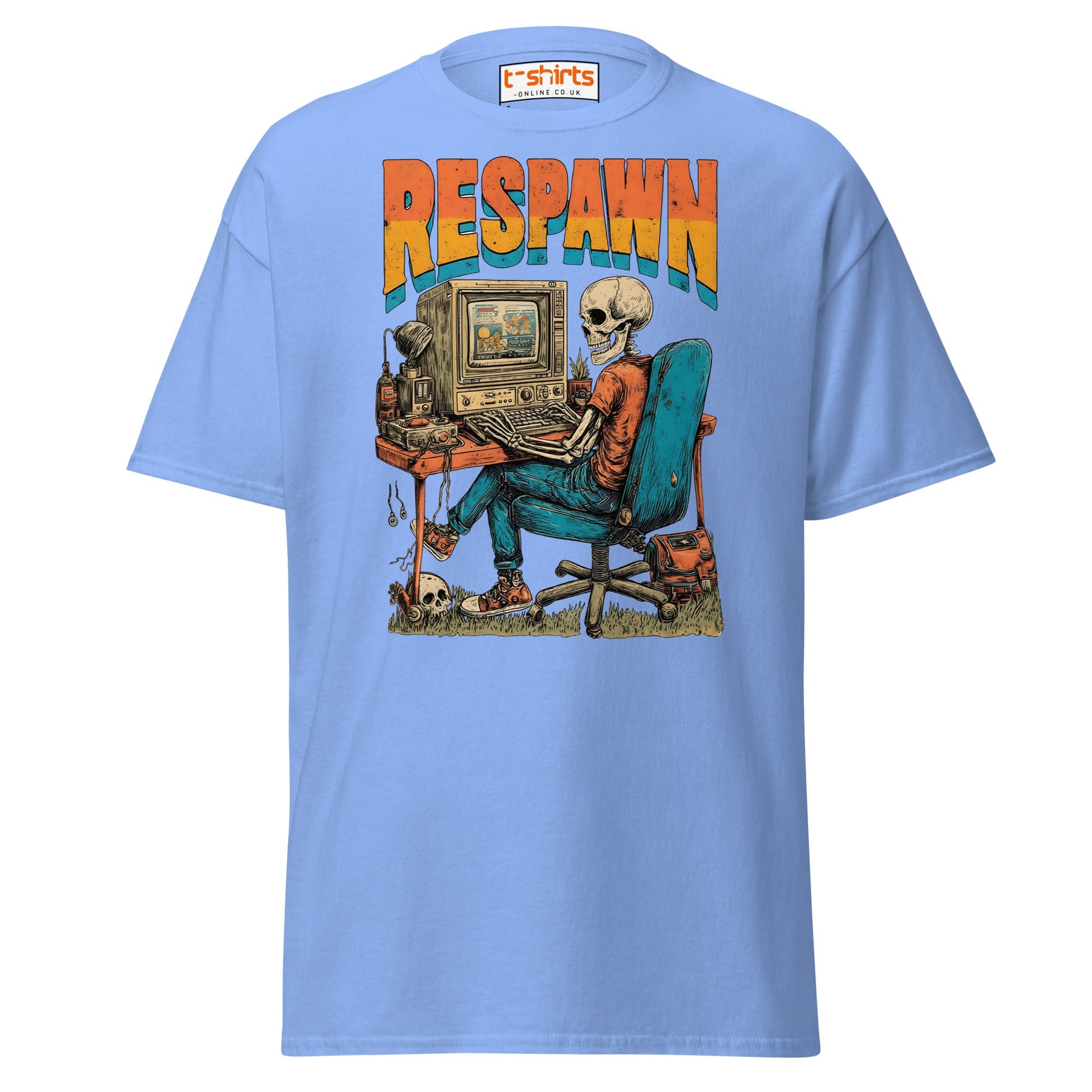 Respawn T-Shirt | Funny Skeleton Gamer Retro Tee - Carolina Blue - T-Shirts Online