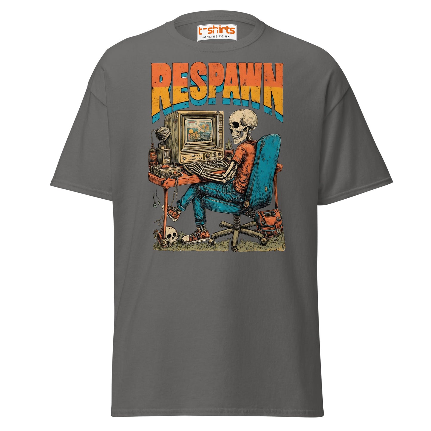 Respawn T-Shirt | Funny Skeleton Gamer Retro Tee - Charcoal - T-Shirts Online