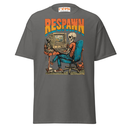 Respawn T-Shirt | Funny Skeleton Gamer Retro Tee - Charcoal - T-Shirts Online