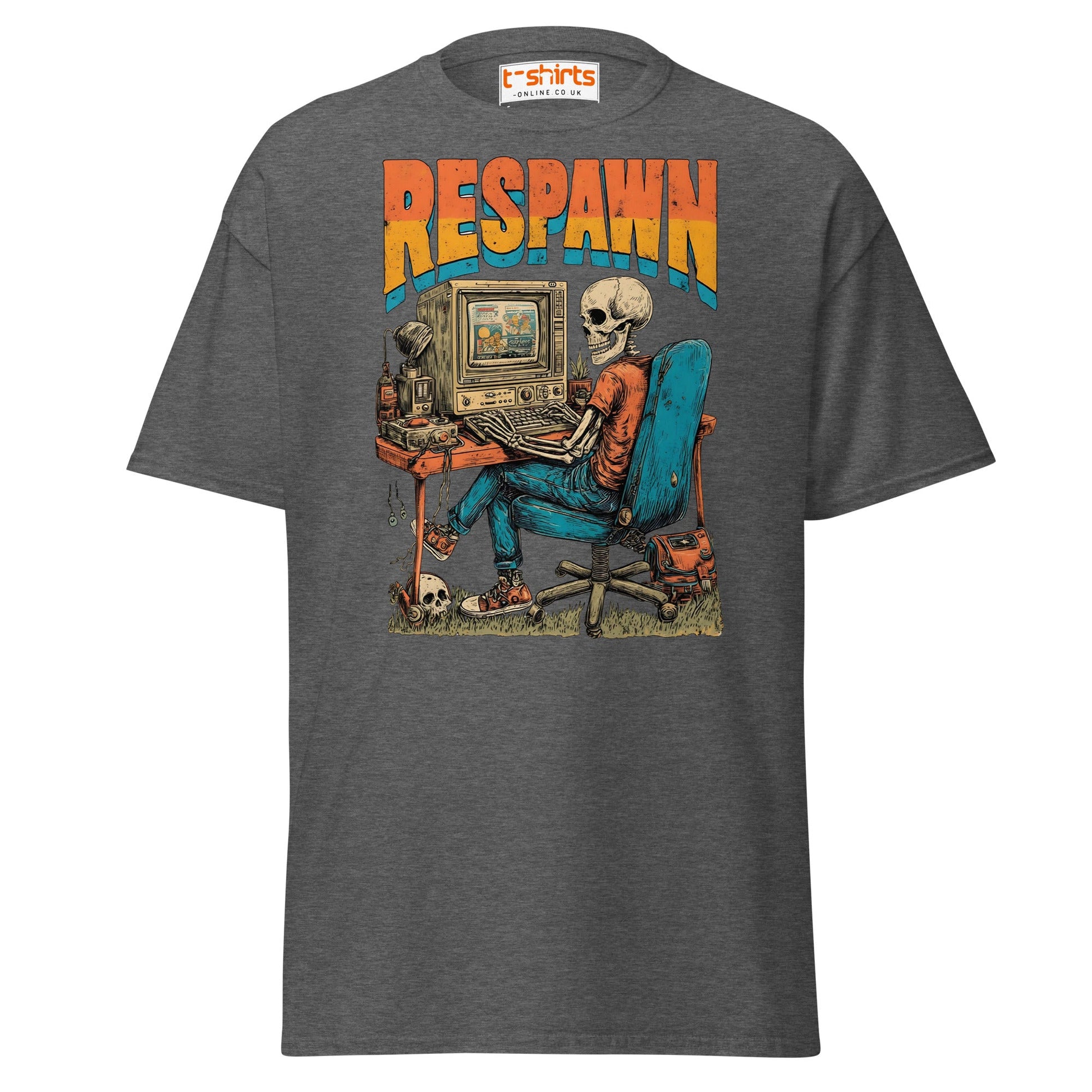 Respawn T-Shirt | Funny Skeleton Gamer Retro Tee - Dark Heather - T-Shirts Online
