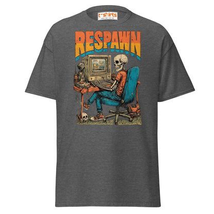 Respawn T-Shirt | Funny Skeleton Gamer Retro Tee - Dark Heather - T-Shirts Online