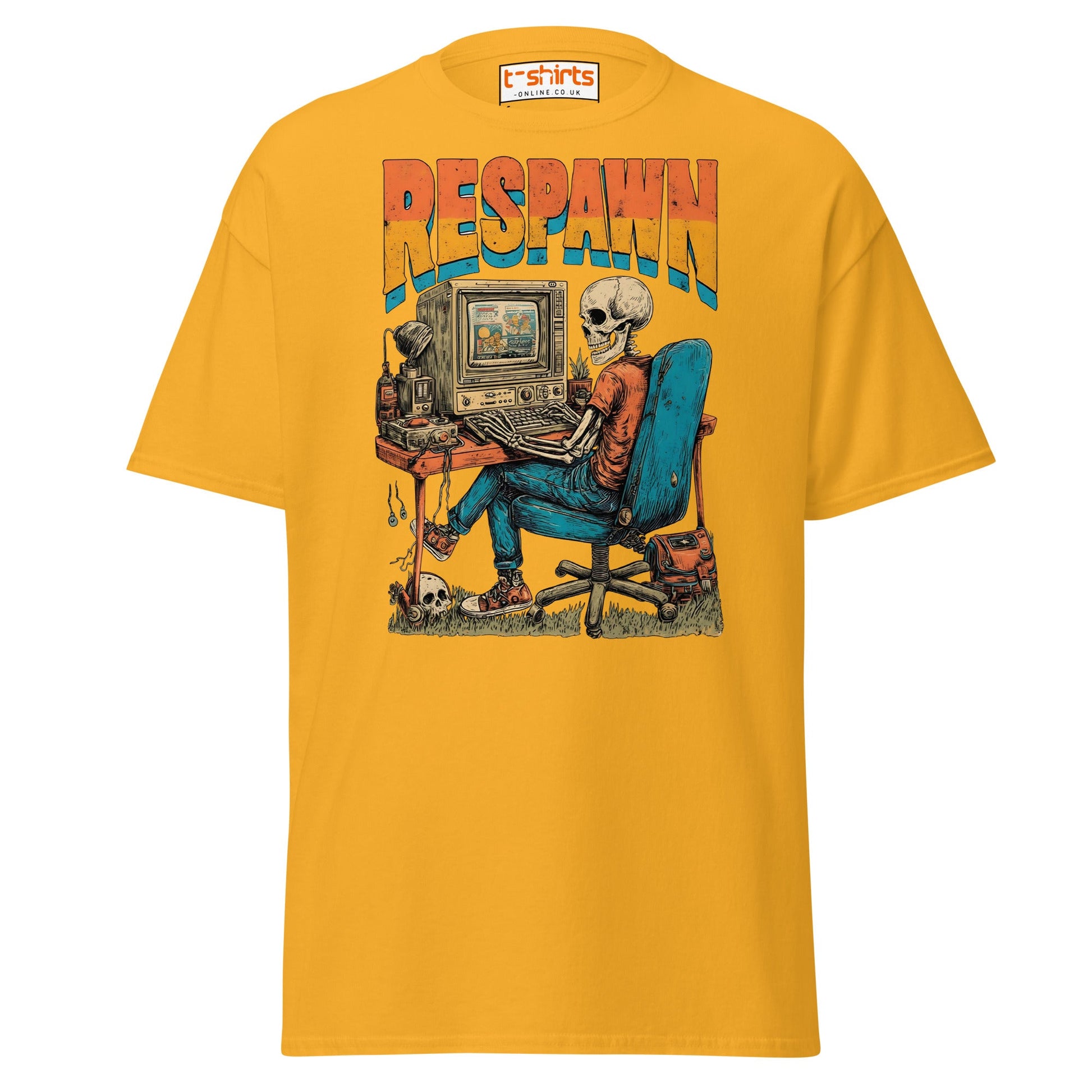Respawn T-Shirt | Funny Skeleton Gamer Retro Tee - Gold - T-Shirts Online