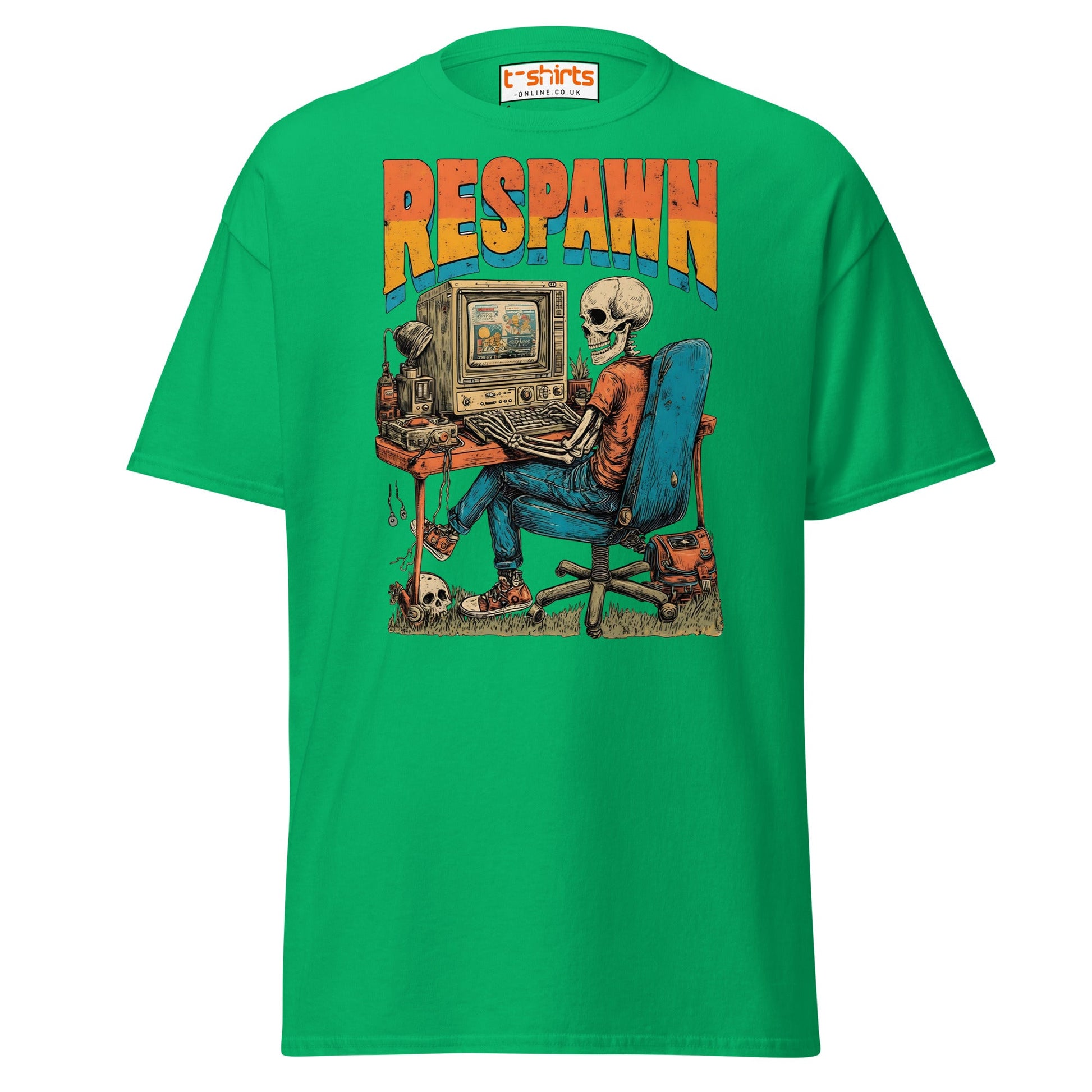 Respawn T-Shirt | Funny Skeleton Gamer Retro Tee - Irish Green - T-Shirts Online