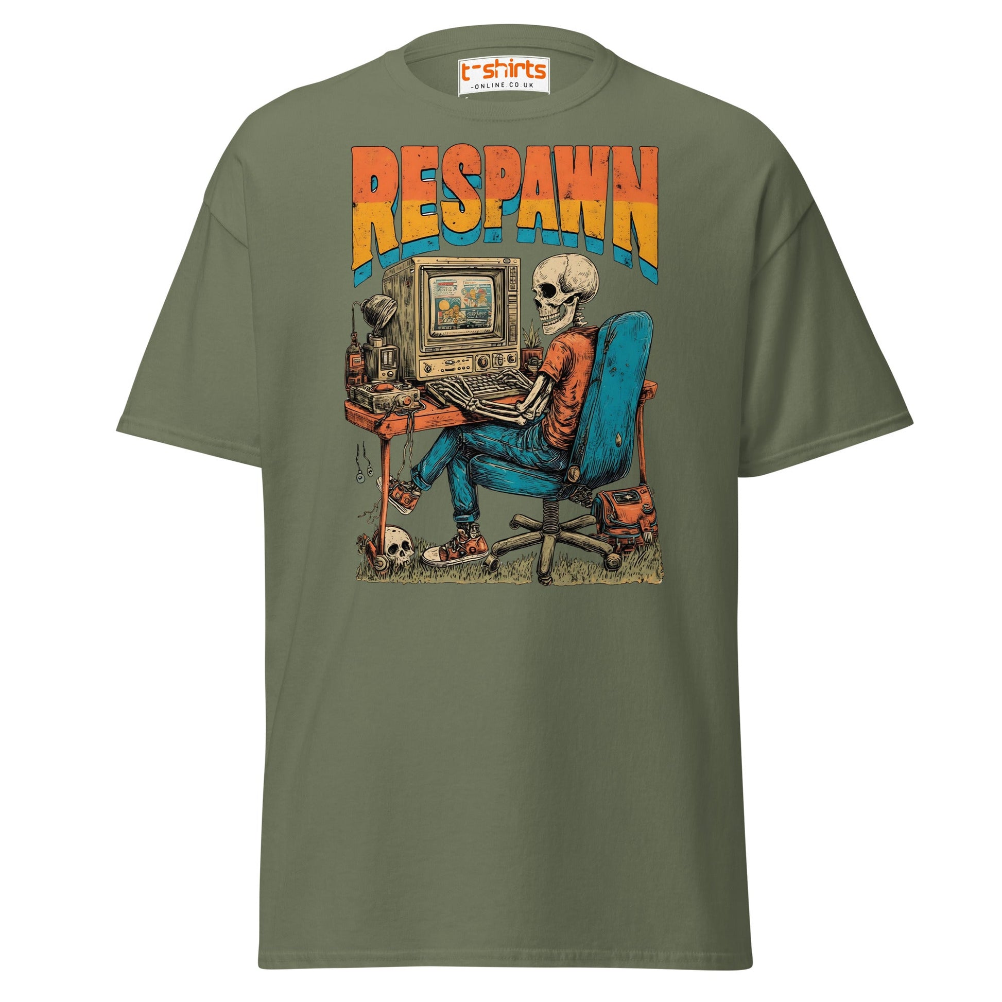 Respawn T-Shirt | Funny Skeleton Gamer Retro Tee - Military Green - T-Shirts Online