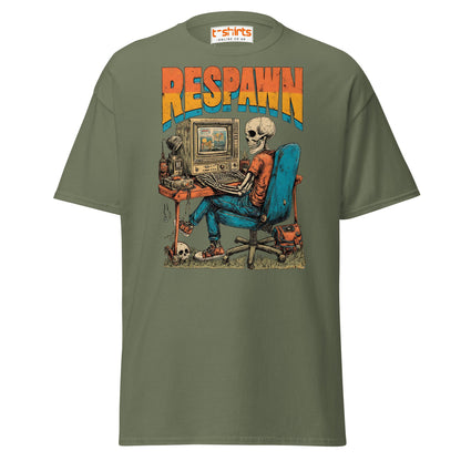 Respawn T-Shirt | Funny Skeleton Gamer Retro Tee - Military Green - T-Shirts Online