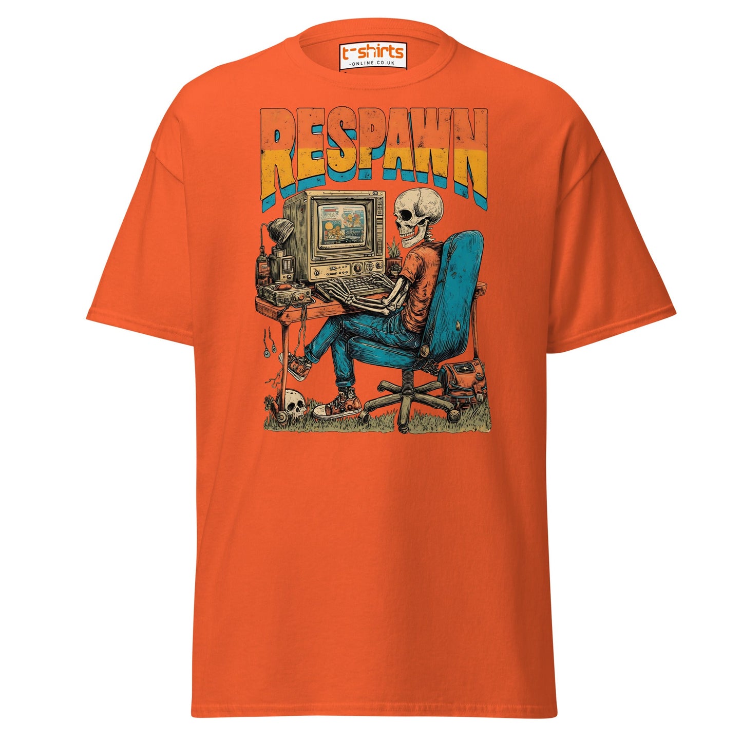 Respawn T-Shirt | Funny Skeleton Gamer Retro Tee - Orange - T-Shirts Online