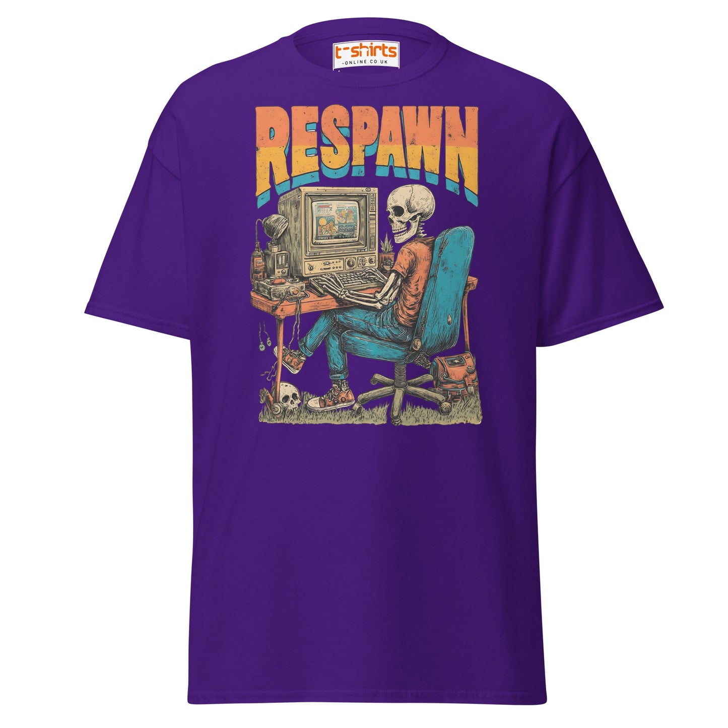 Respawn T-Shirt | Funny Skeleton Gamer Retro Tee - Purple - T-Shirts Online