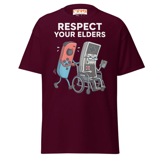 Respect Your Elders Funny Video Game T-Shirt - Retro Gamer - Maroon - T-Shirts Online
