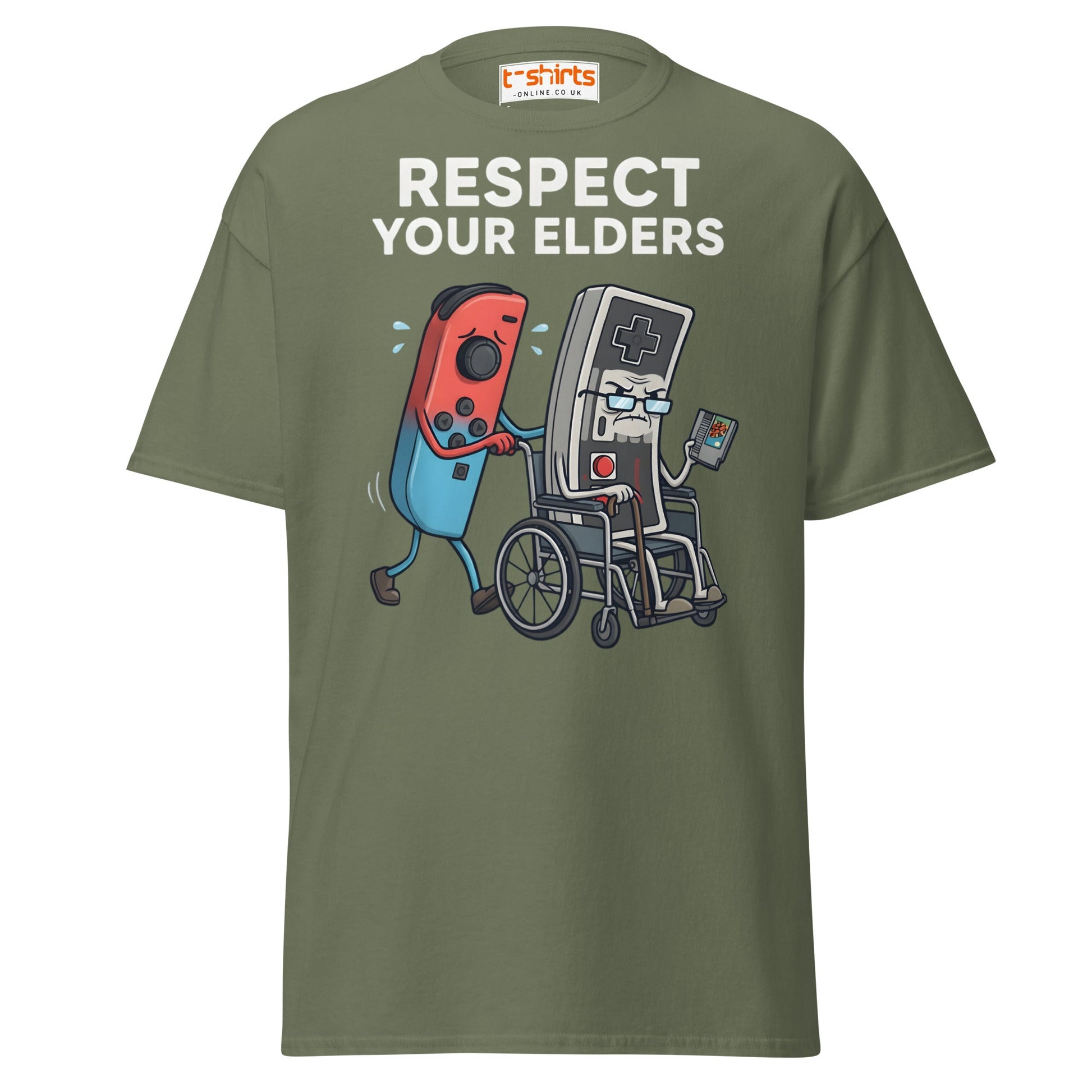 Respect Your Elders Funny Video Game T-Shirt - Retro Gamer - Military Green - T-Shirts Online