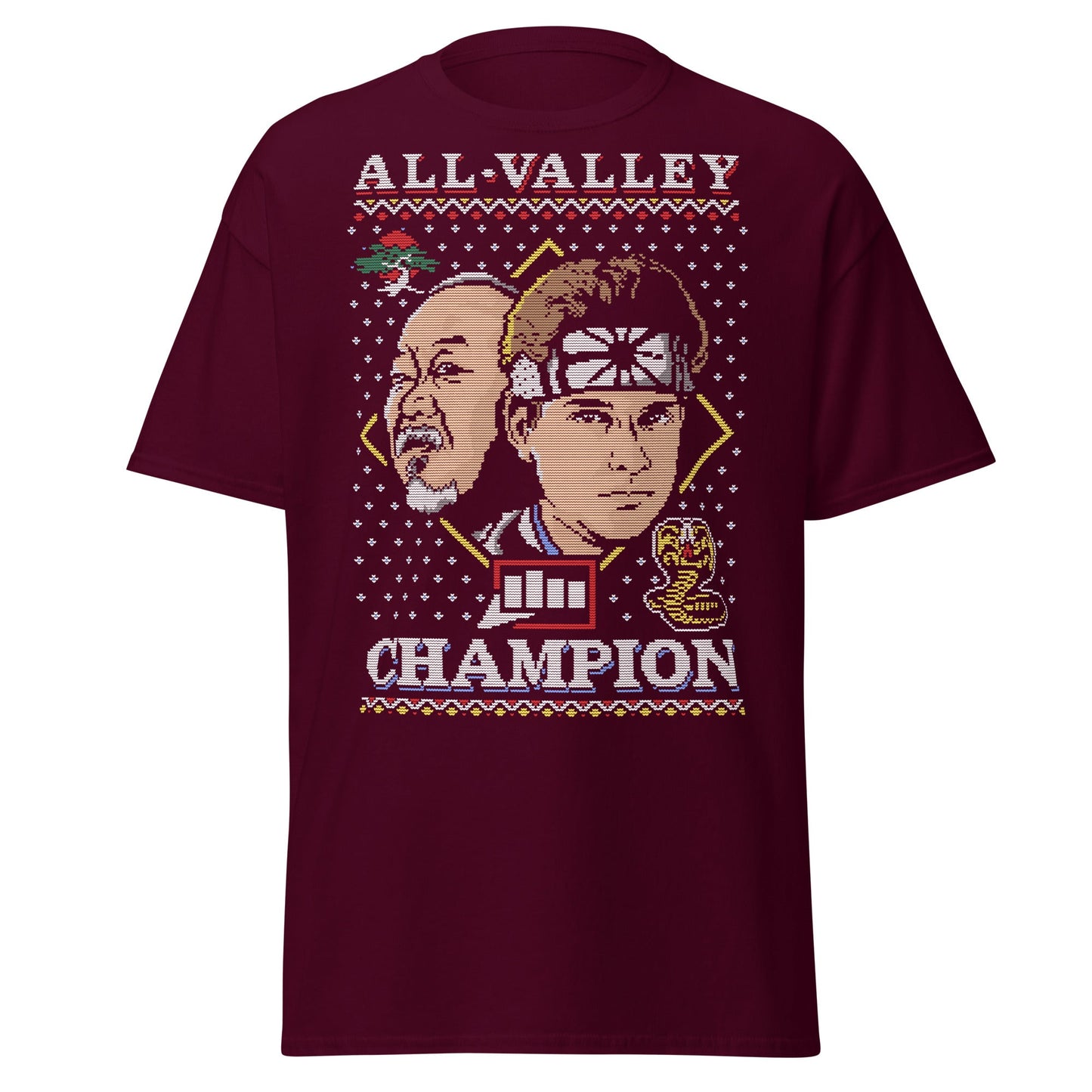 Retro Martial Arts Champion Christmas Sweater Tee - Maroon - T-Shirts Online