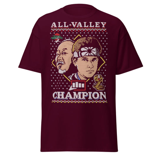 Retro Martial Arts Champion Christmas Sweater Tee - Maroon - T-Shirts Online