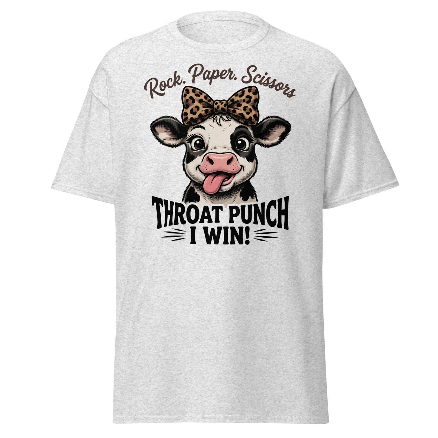 Rock Paper Scissors Throat Punch Cow T-Shirt Funny Tee - Ash - T-Shirts Online