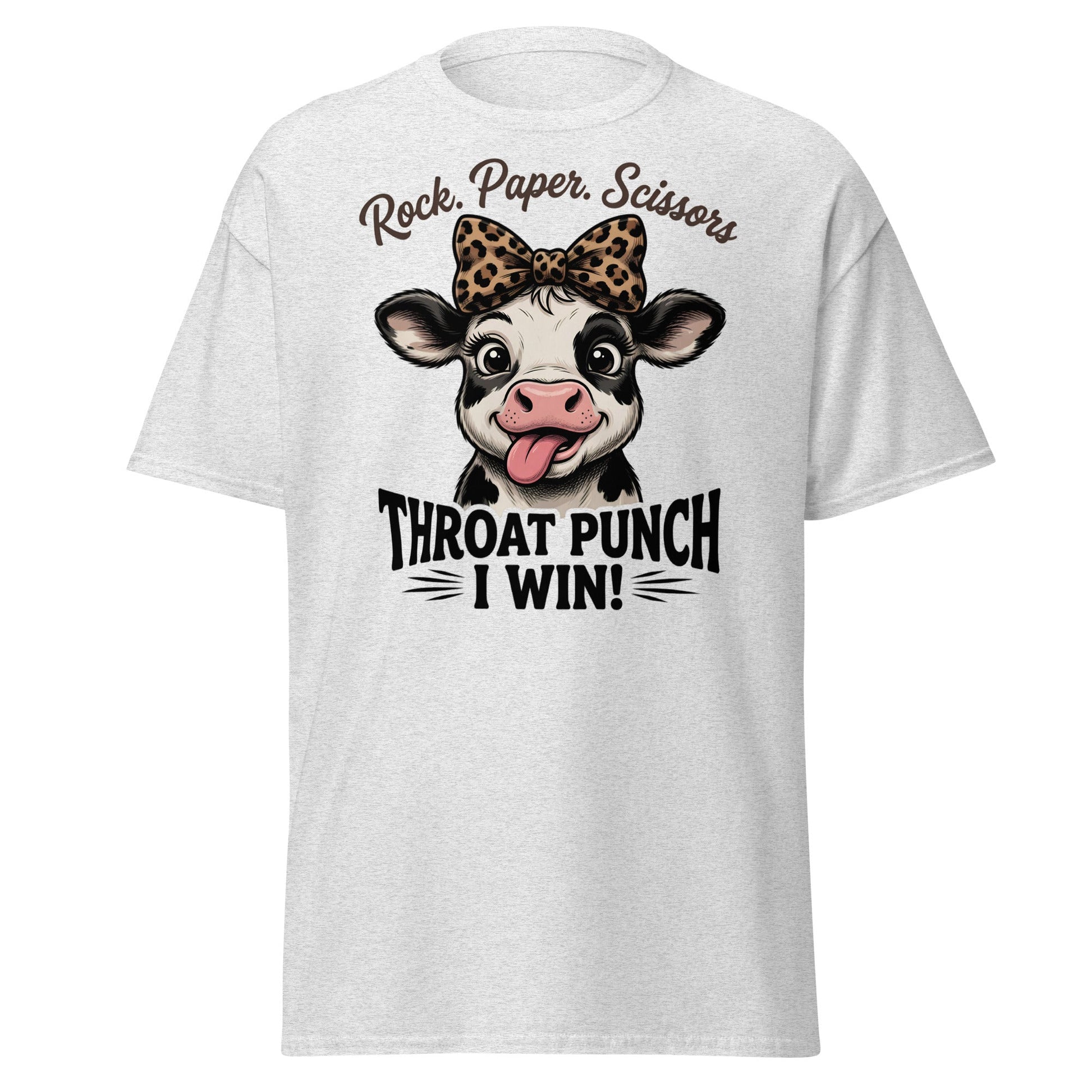 Rock Paper Scissors Throat Punch Cow T-Shirt Funny Tee - Ash - T-Shirts Online