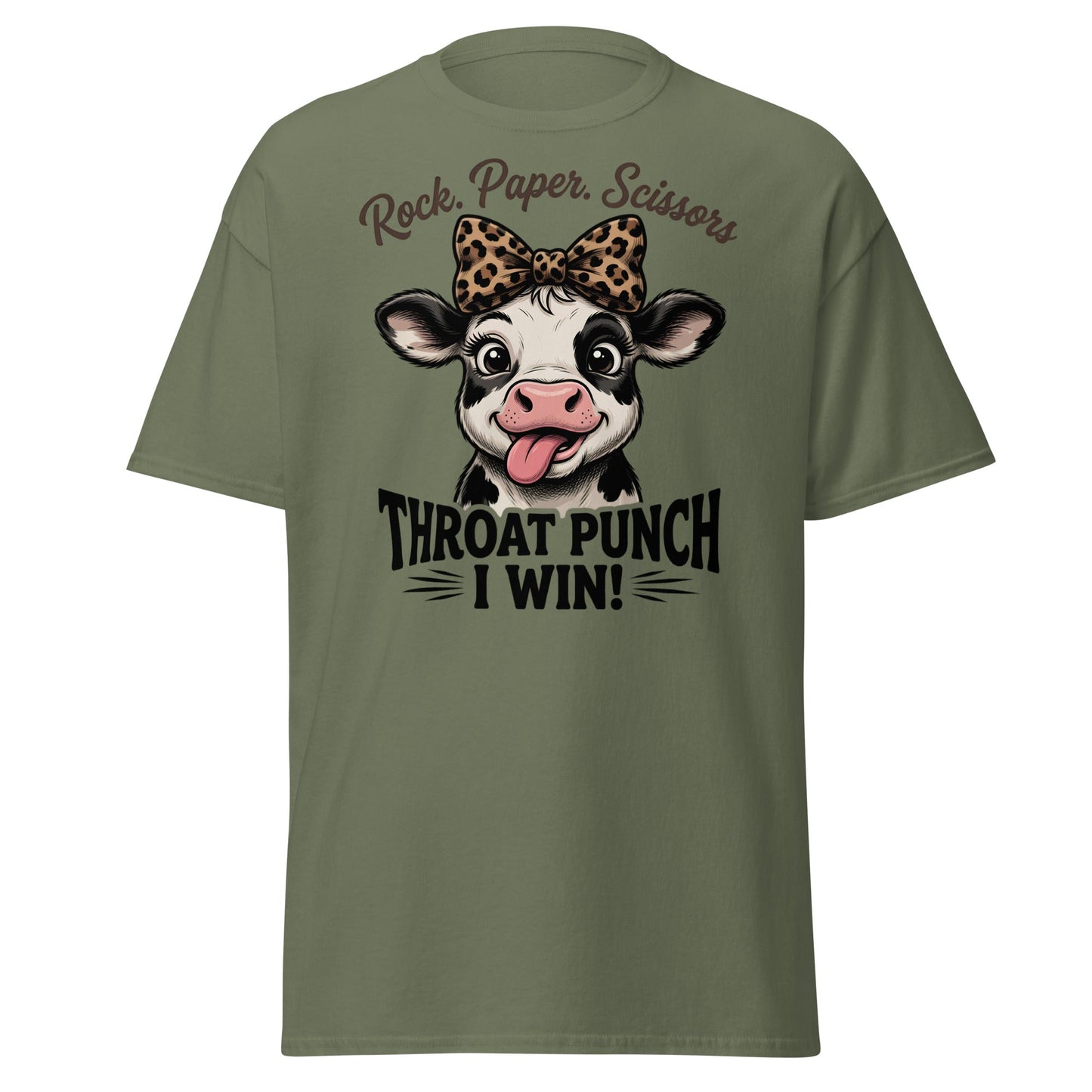Rock Paper Scissors Throat Punch Cow T-Shirt Funny Tee - Military Green - T-Shirts Online