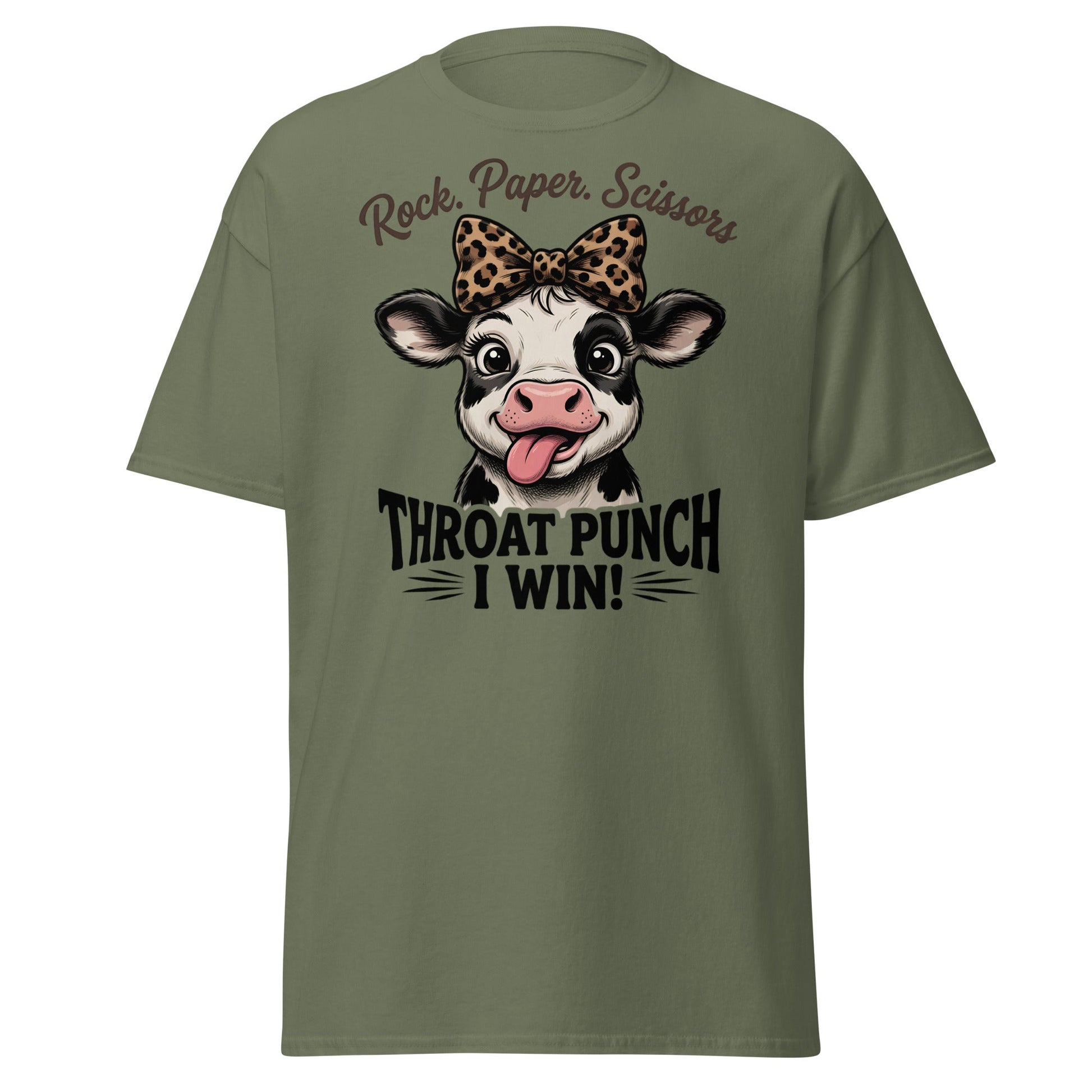 Rock Paper Scissors Throat Punch Cow T-Shirt Funny Tee - Military Green - T-Shirts Online