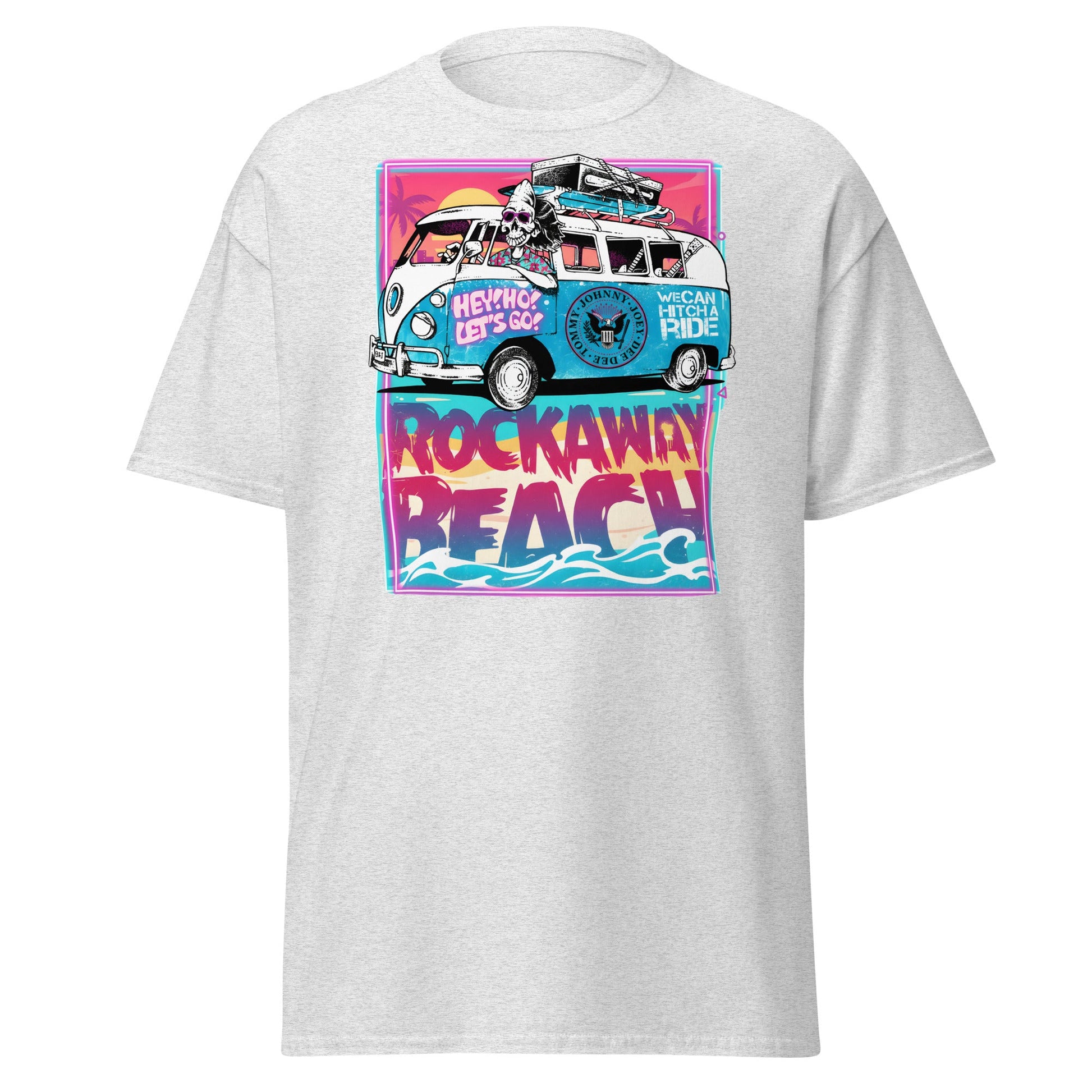 Rockaway Beach Van T-Shirt – Retro Surf Skull Design - Ash - T-Shirts Online