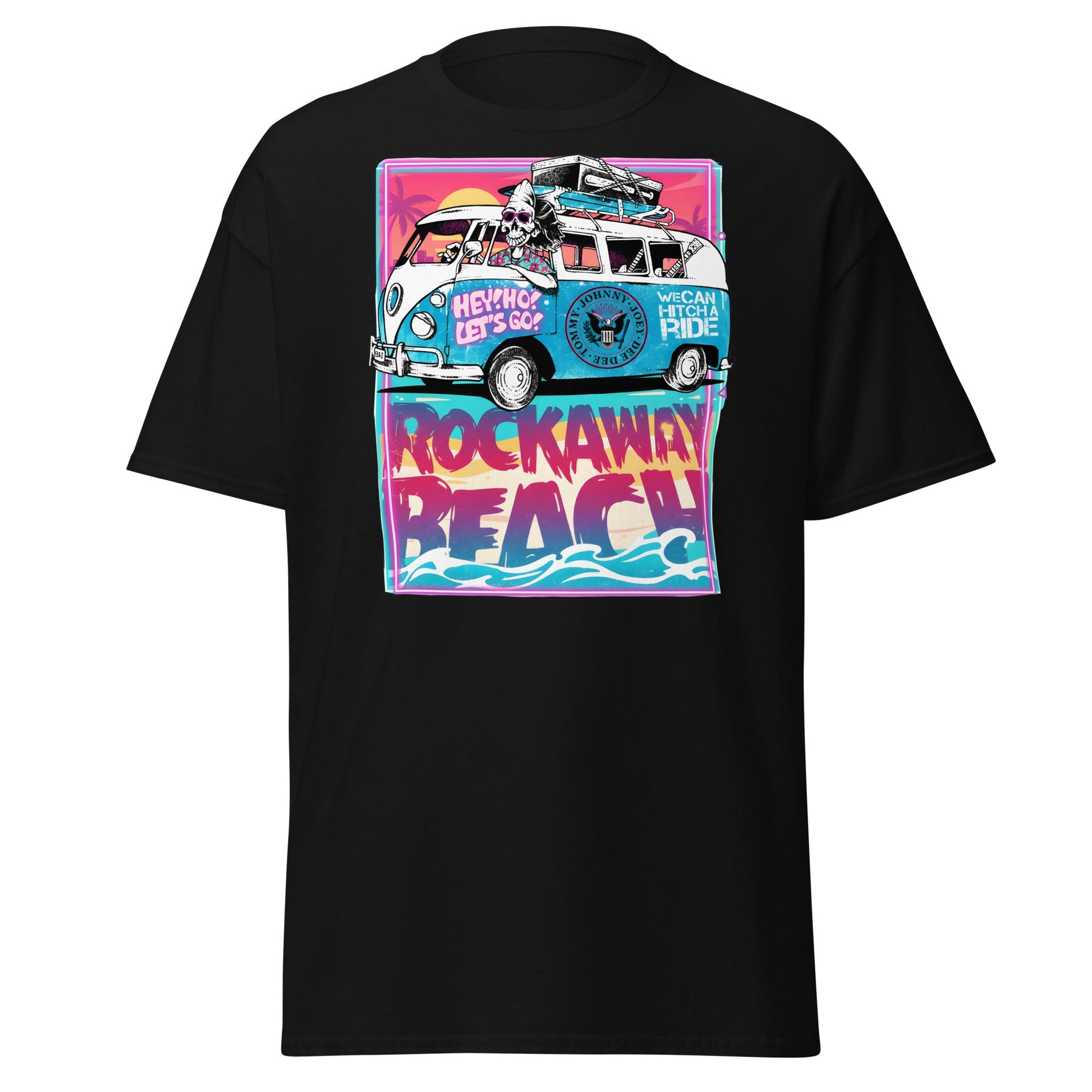 Rockaway Beach Van T-Shirt – Retro Surf Skull Design - Black - T-Shirts Online