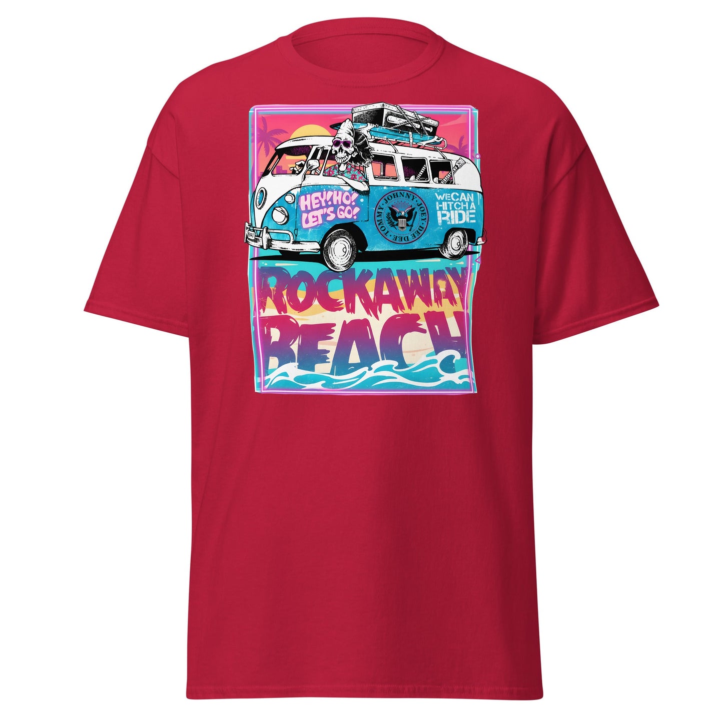 Rockaway Beach Van T-Shirt – Retro Surf Skull Design - Cardinal - T-Shirts Online