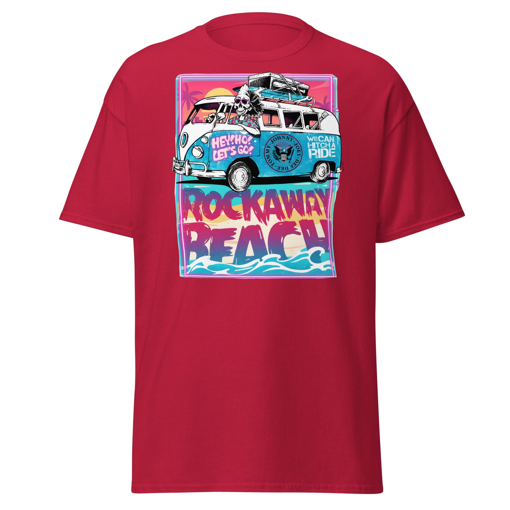 Rockaway Beach Van T-Shirt – Retro Surf Skull Design - Cardinal - T-Shirts Online
