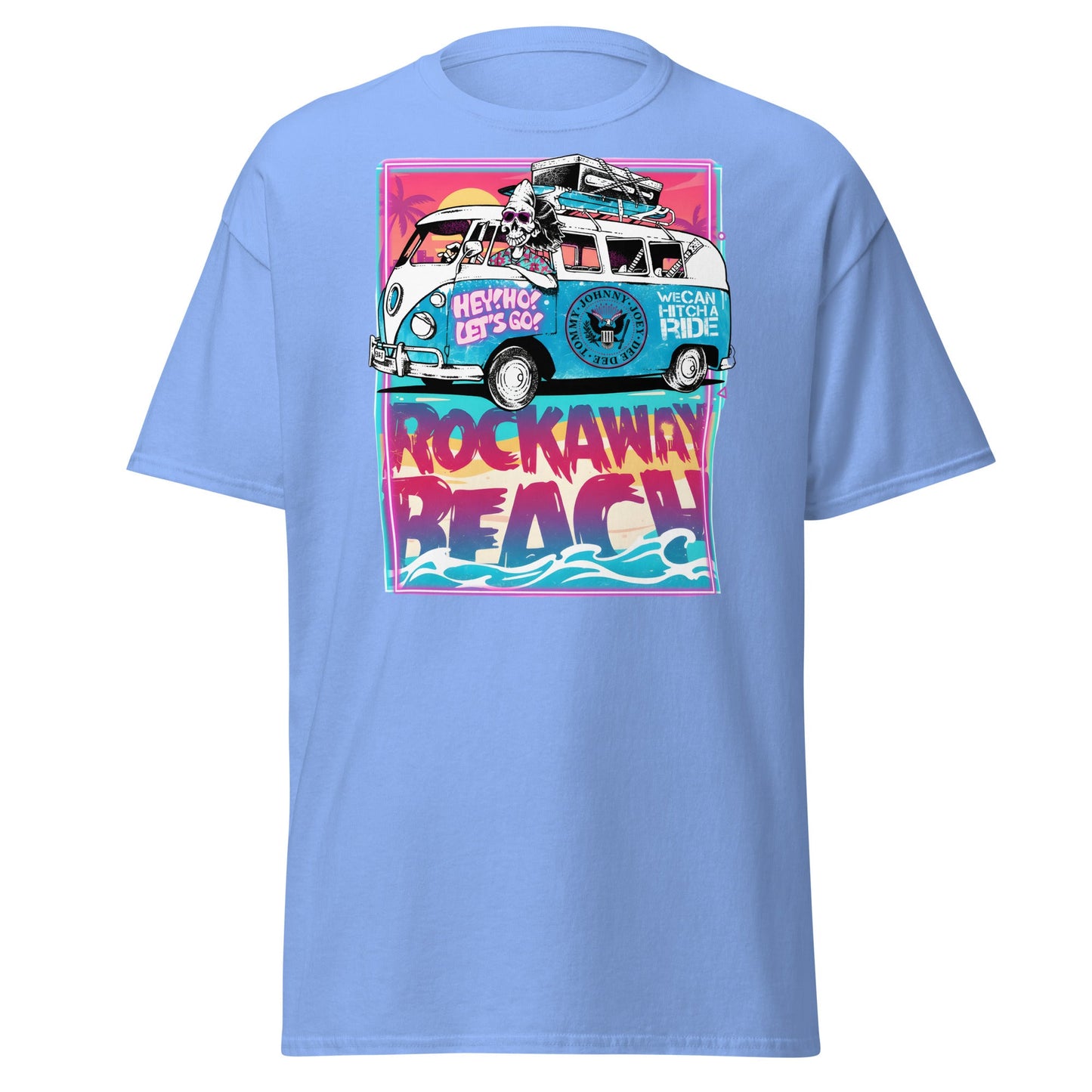 Rockaway Beach Van T-Shirt – Retro Surf Skull Design - Carolina Blue - T-Shirts Online