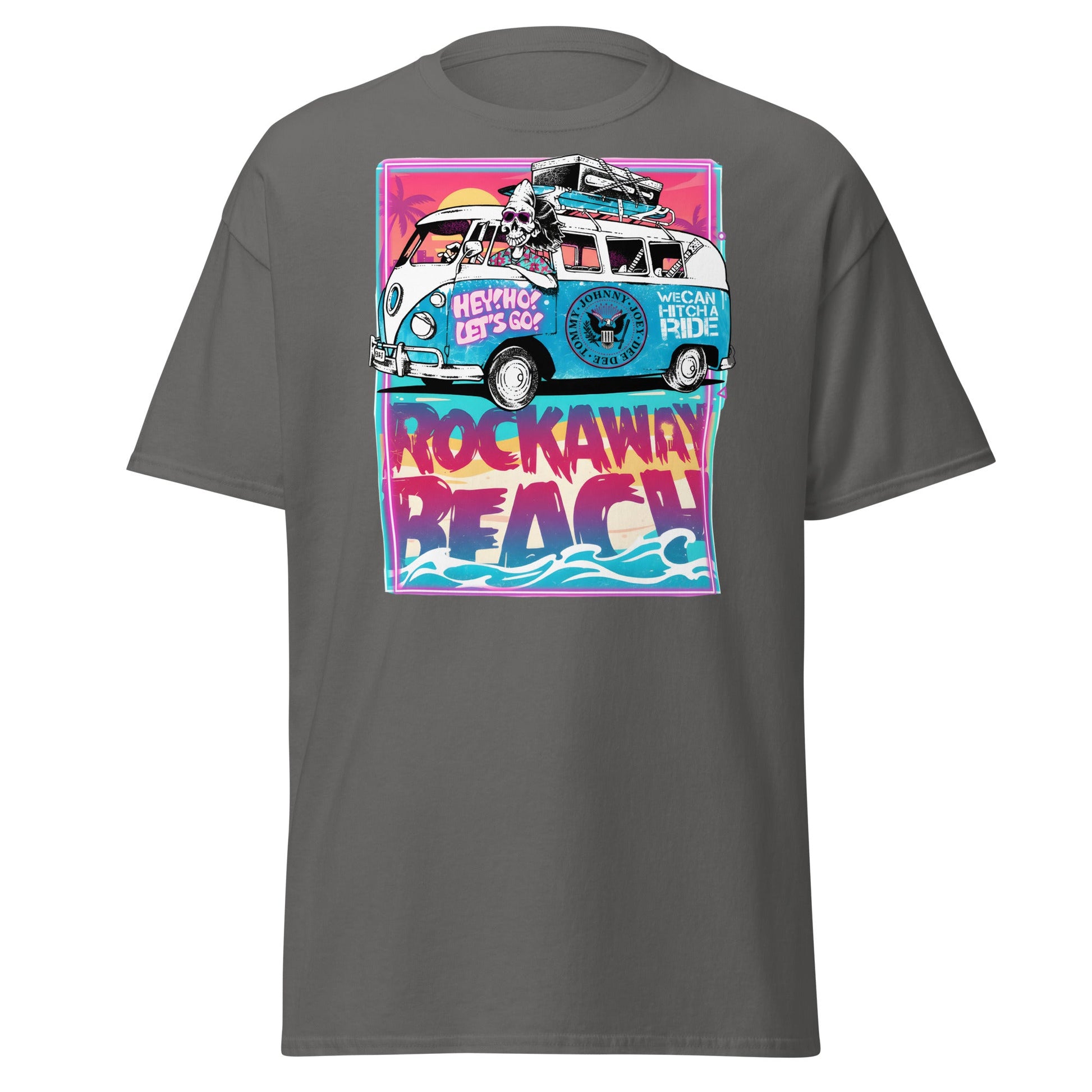 Rockaway Beach Van T-Shirt – Retro Surf Skull Design - Charcoal - T-Shirts Online