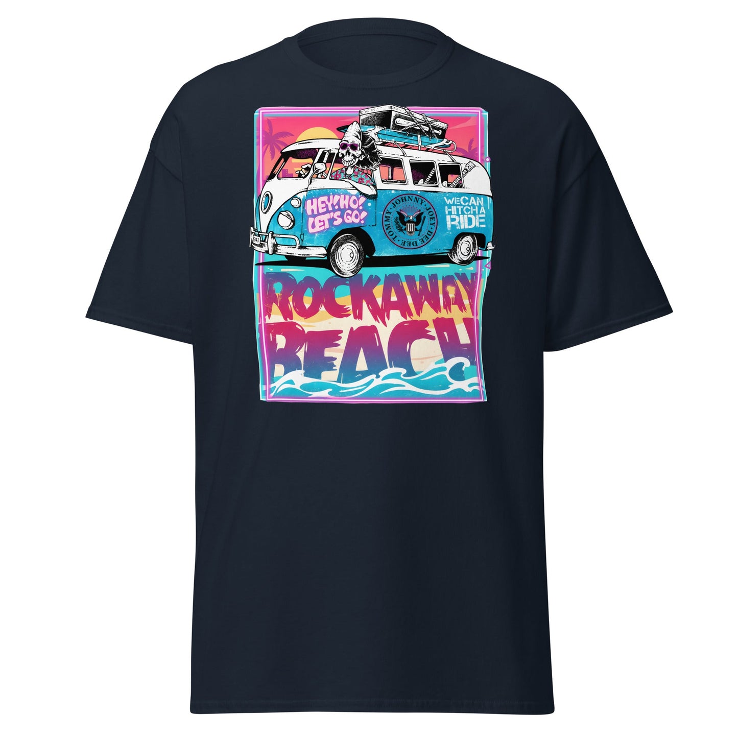 Rockaway Beach Van T-Shirt – Retro Surf Skull Design - Navy - T-Shirts Online