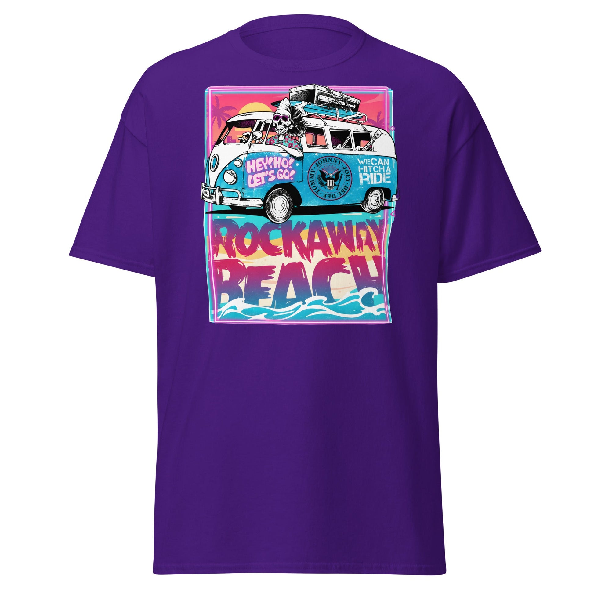 Rockaway Beach Van T-Shirt – Retro Surf Skull Design - Purple - T-Shirts Online