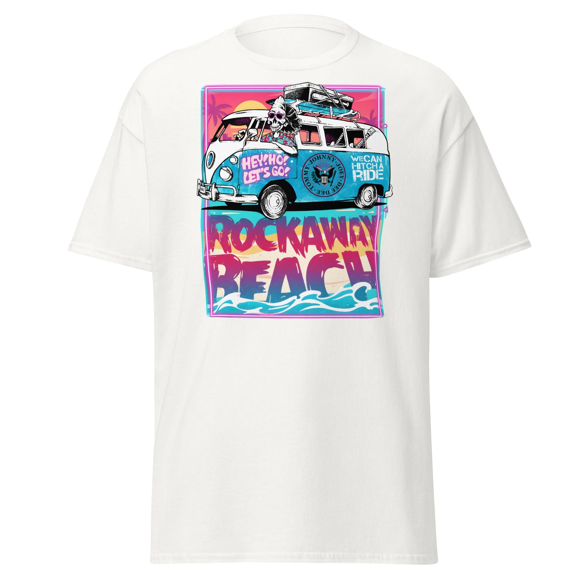Rockaway Beach Van T-Shirt – Retro Surf Skull Design - White - T-Shirts Online