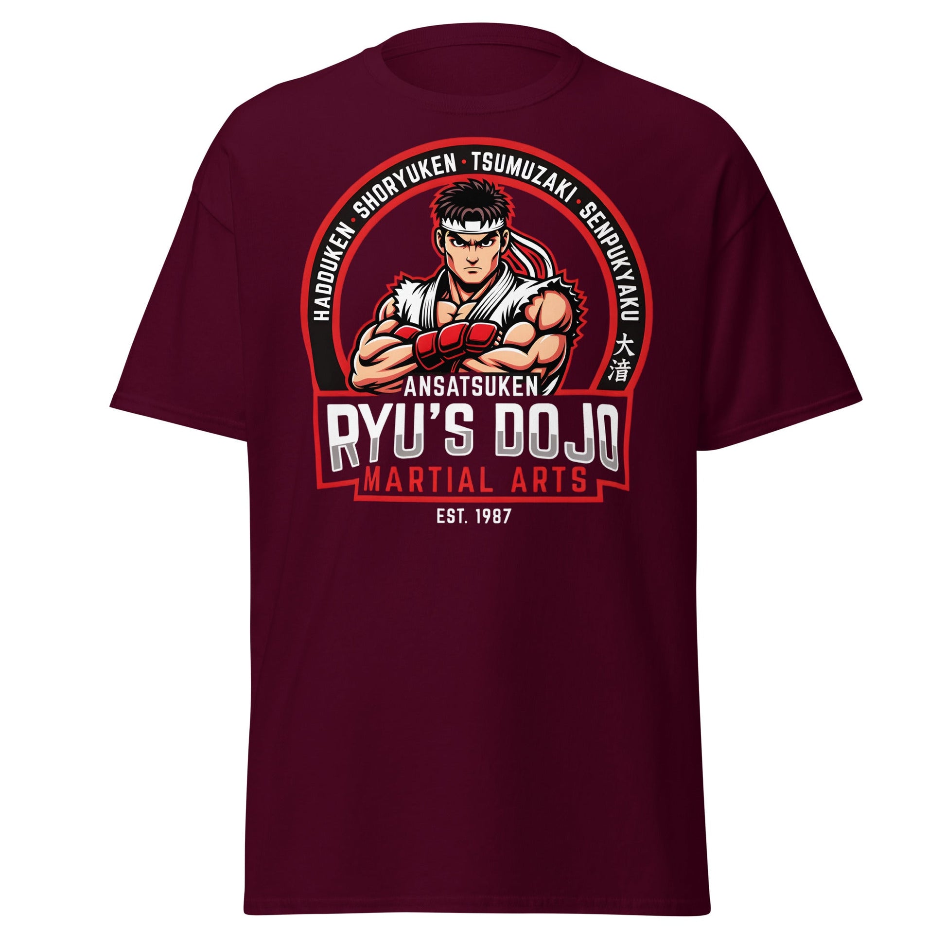 Ryu's Dojo Martial Arts T-Shirt - Street Fighter Fan Tee - Maroon - T-Shirts Online