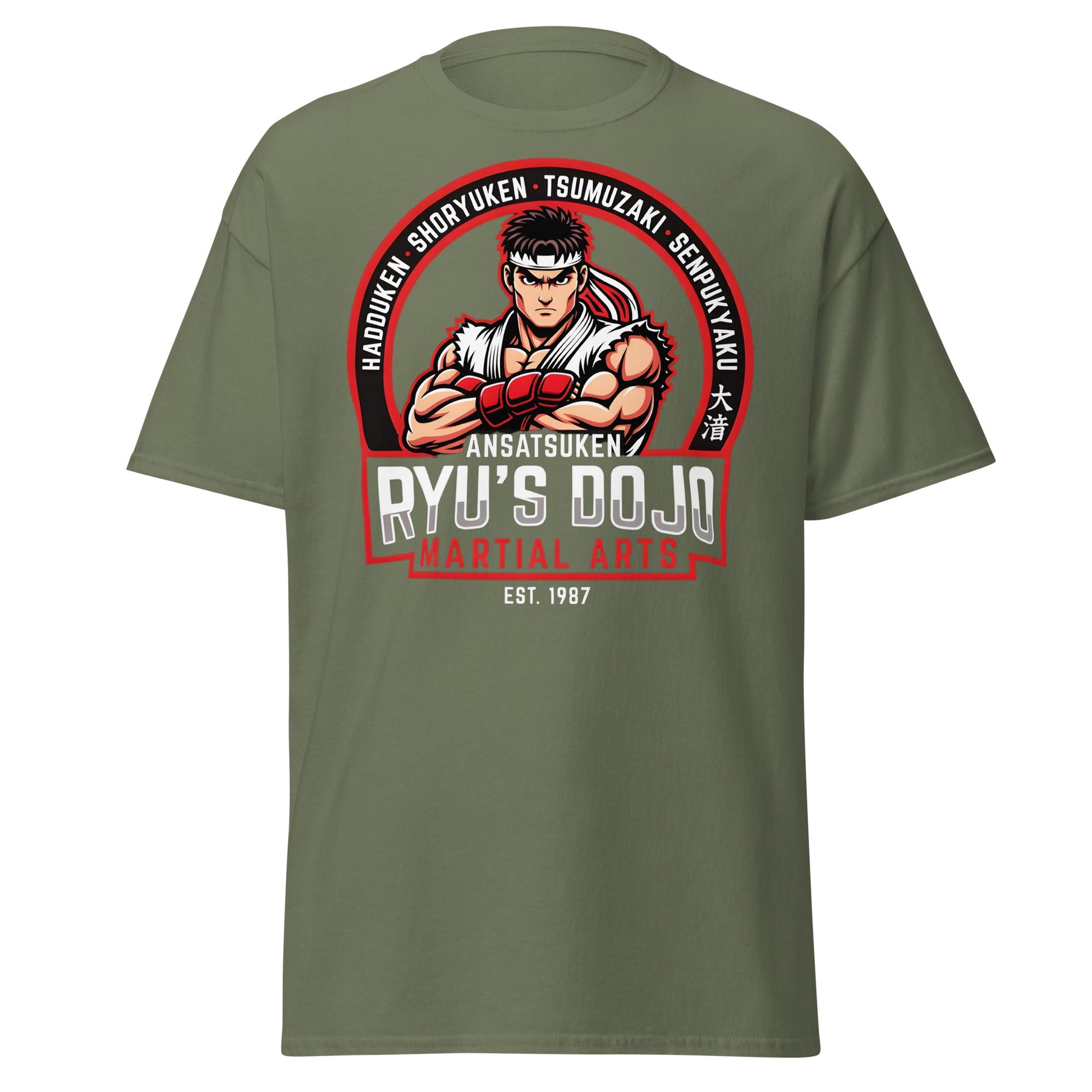 Ryu's Dojo Martial Arts T-Shirt - Street Fighter Fan Tee - Military Green - T-Shirts Online