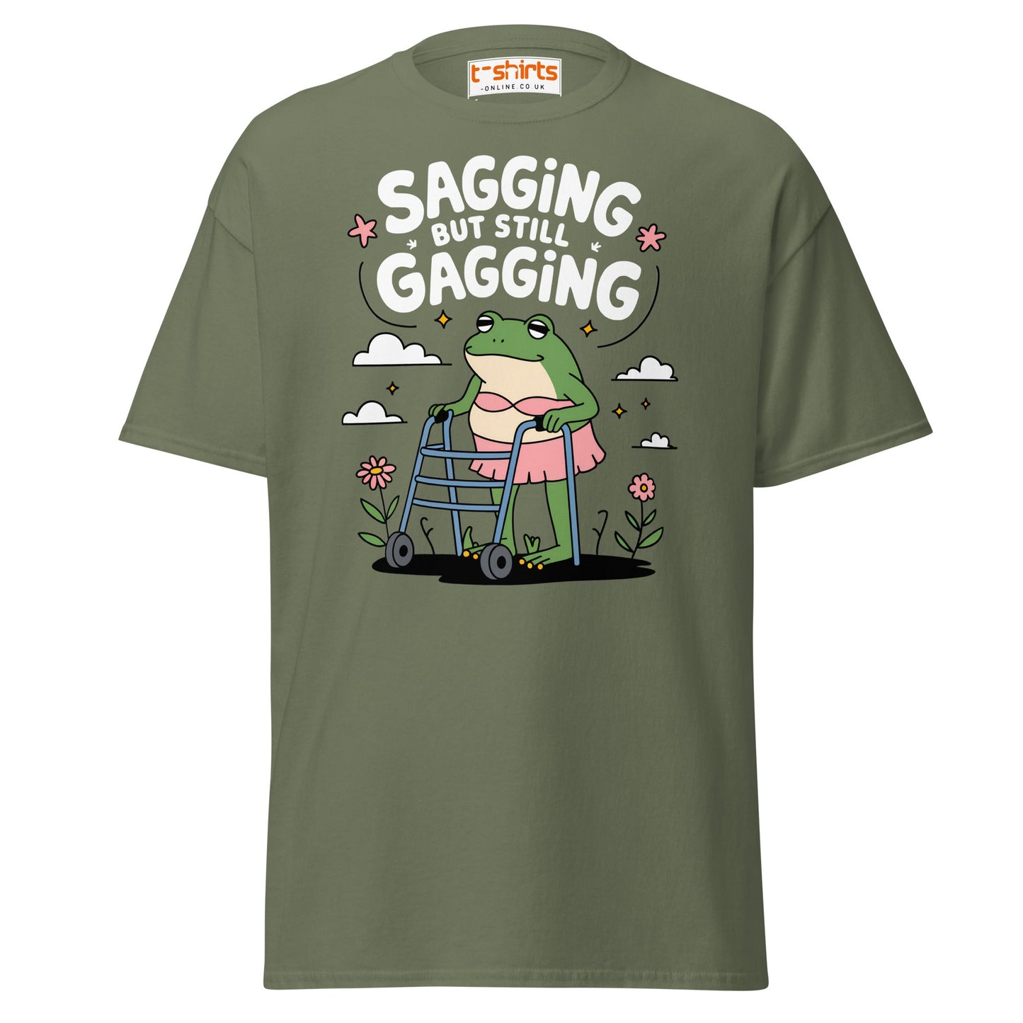 Sagging But Still Gagging Funny Frog T-Shirt - Military Green - T-Shirts Online