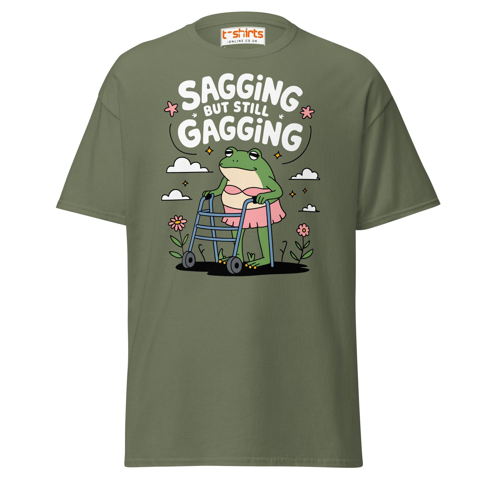 Sagging But Still Gagging Funny Frog T-Shirt - Military Green - T-Shirts Online