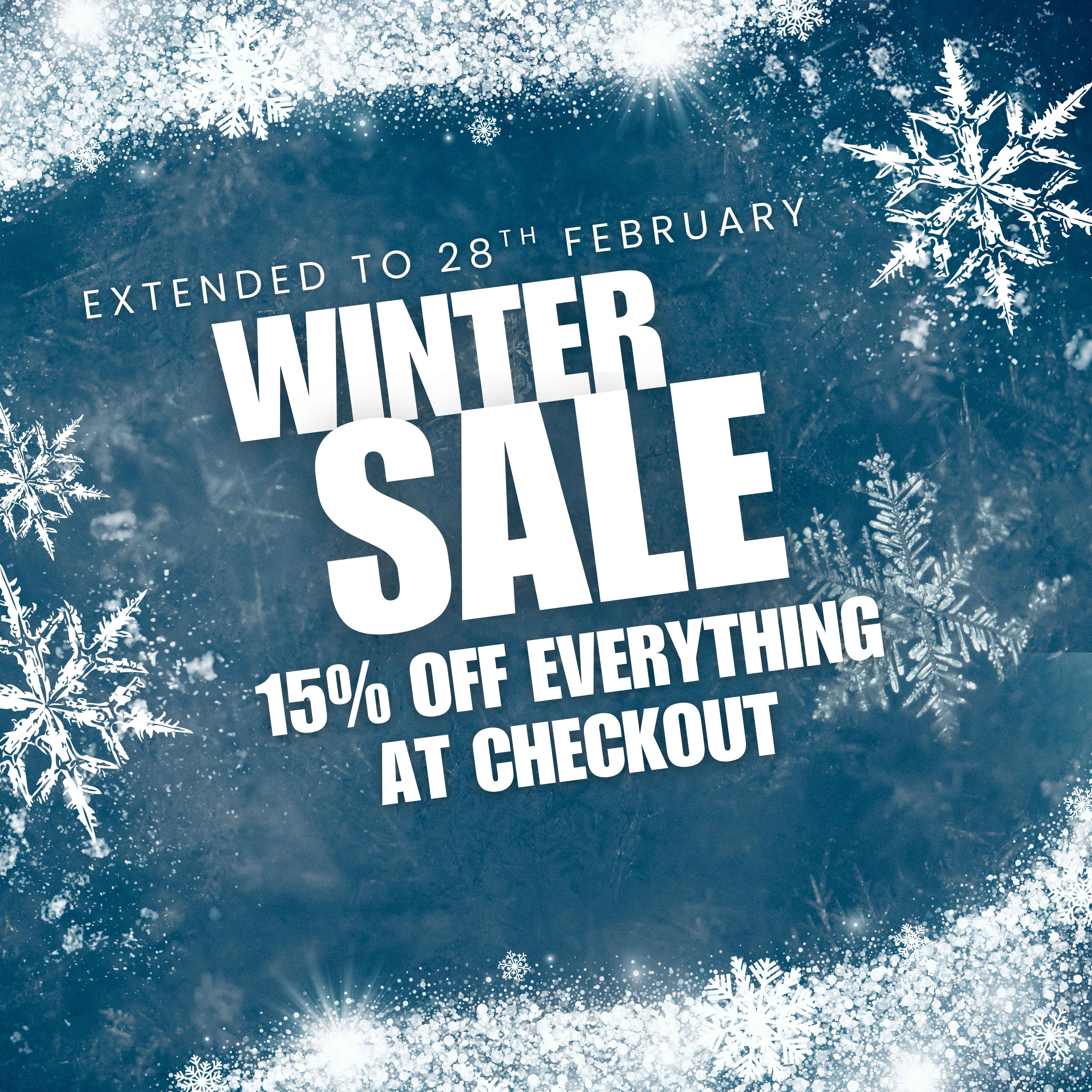 A promotional graphic for a Winter Sale set against a wintry, dark teal background featuring sparkling frost, bokeh lights, and stylized white snowflakes.