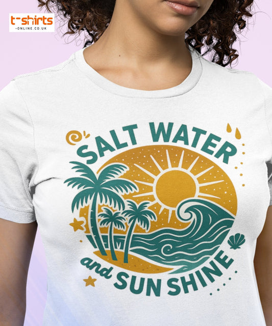 White t-shirt with 'Salt Water and Sunshine' design featuring palm trees and a sun.