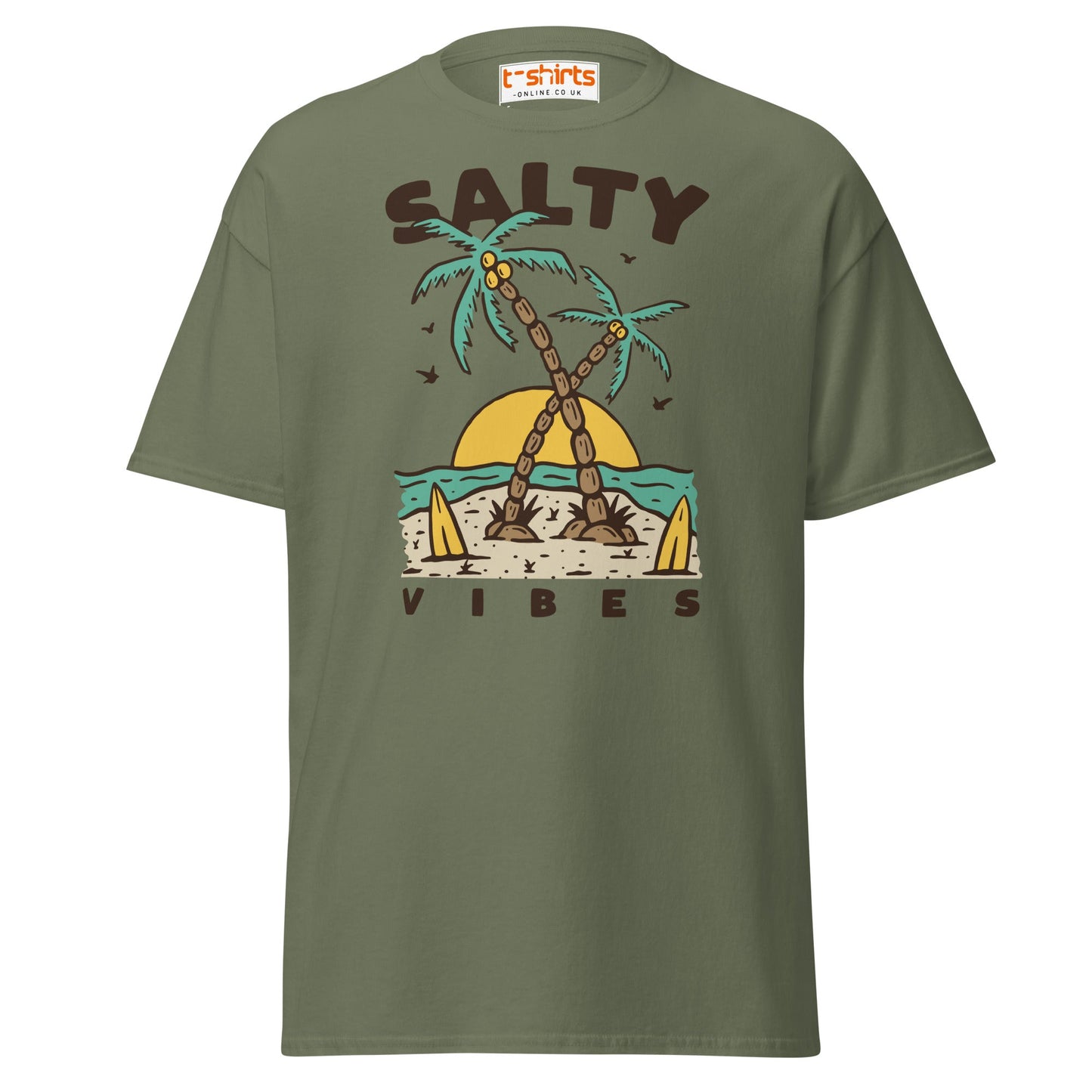 Salty Vibes T-Shirt | Retro Beach Surf Style Tee - Military Green - T-Shirts Online