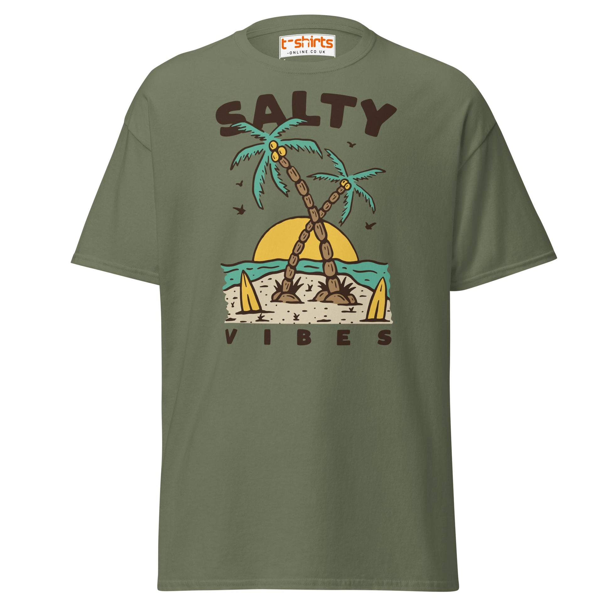 Salty Vibes T-Shirt | Retro Beach Surf Style Tee - Military Green - T-Shirts Online
