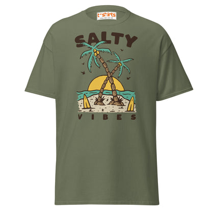 Salty Vibes T-Shirt | Retro Beach Surf Style Tee - Military Green - T-Shirts Online