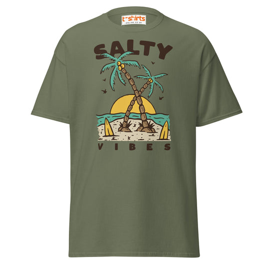 Salty Vibes T-Shirt | Retro Beach Surf Style Tee - Military Green - T-Shirts Online