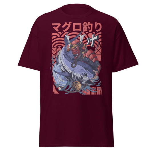 Samurai Tuna Fishing Japanese Art T-Shirt - Maroon - T-Shirts Online