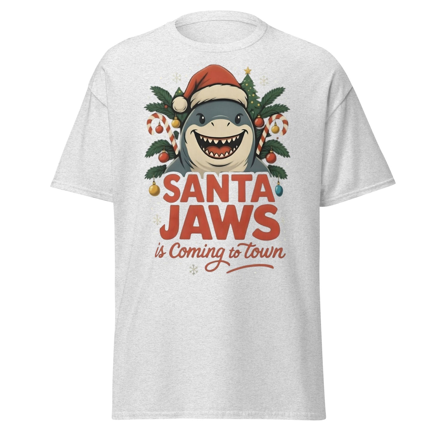 Santa Jaws Is Coming To Town T-Shirt | Funny Christmas Shark - Ash - T-Shirts Online