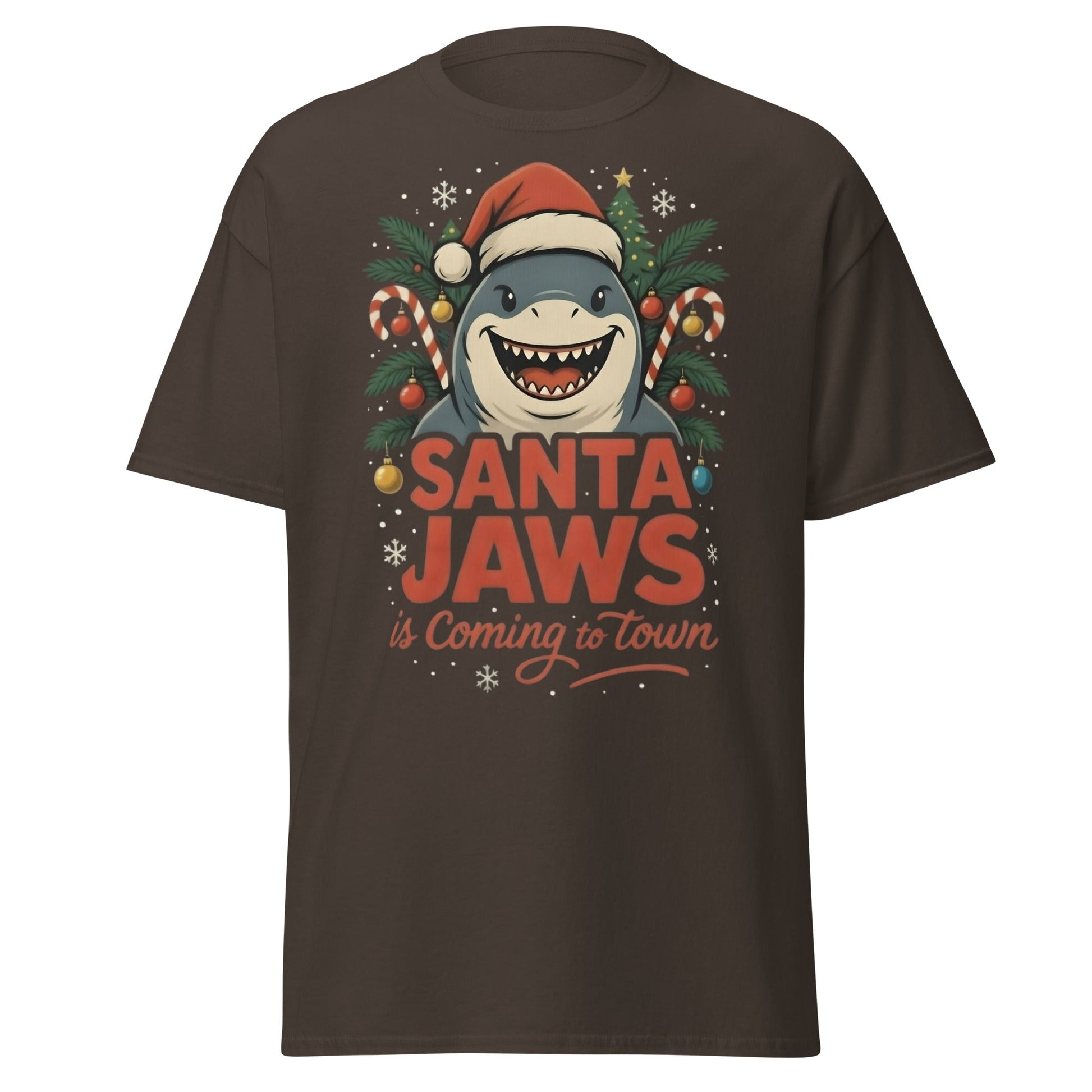 Santa Jaws Is Coming To Town T-Shirt | Funny Christmas Shark - Dark Chocolate - T-Shirts Online