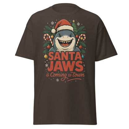 Santa Jaws Is Coming To Town T-Shirt | Funny Christmas Shark - Dark Chocolate - T-Shirts Online