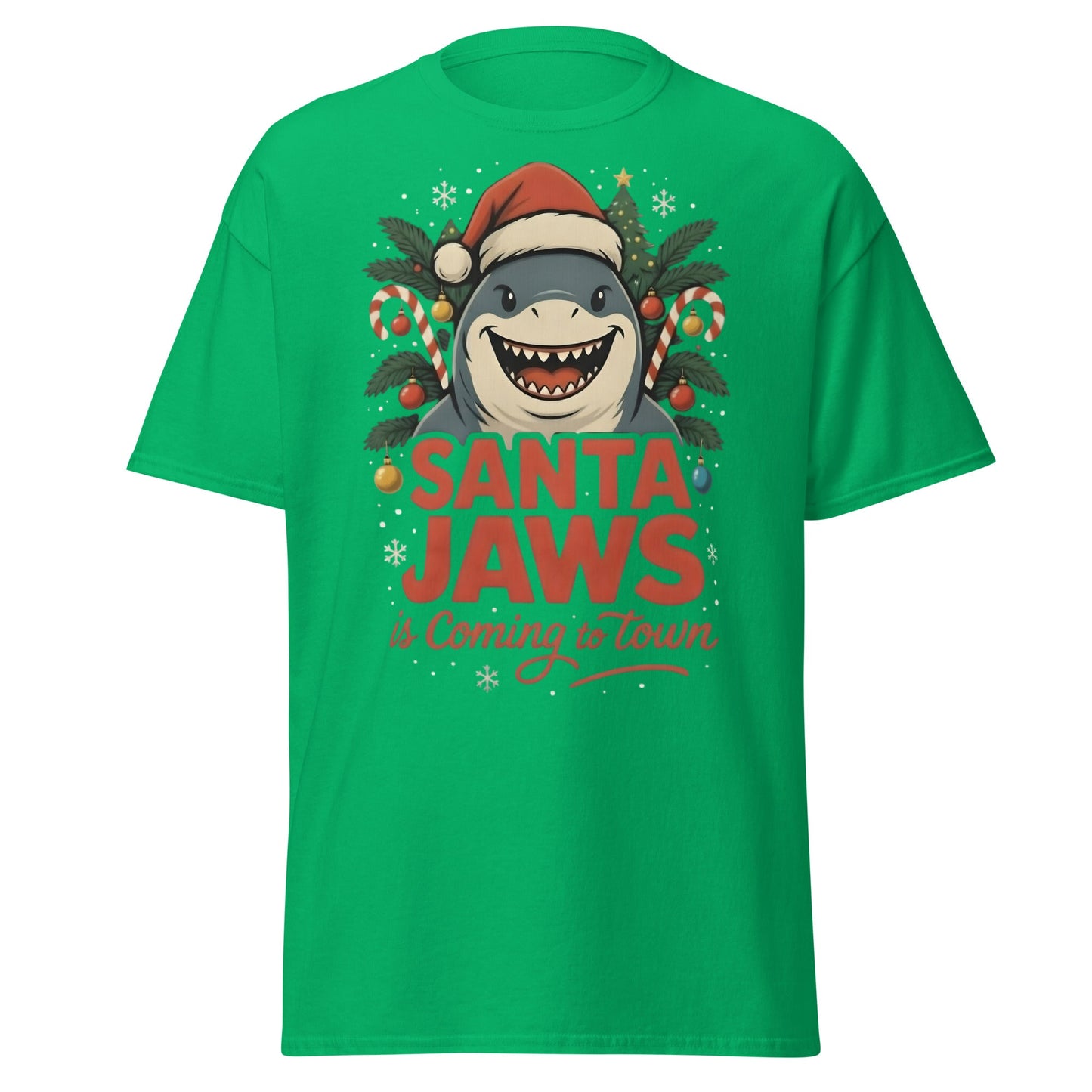 Santa Jaws Is Coming To Town T-Shirt | Funny Christmas Shark - Irish Green - T-Shirts Online