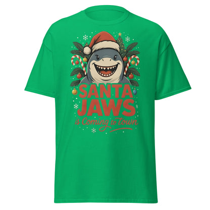 Santa Jaws Is Coming To Town T-Shirt | Funny Christmas Shark - Irish Green - T-Shirts Online