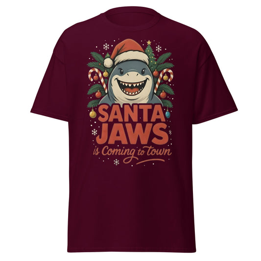 Santa Jaws Is Coming To Town T-Shirt | Funny Christmas Shark - Maroon - T-Shirts Online